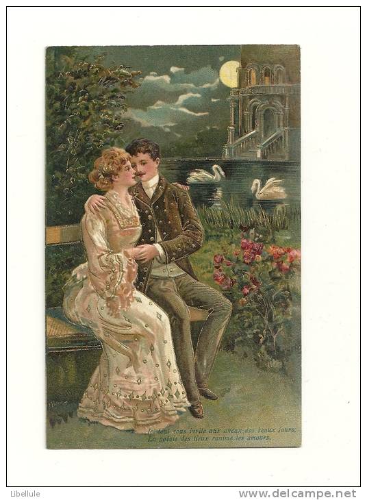 Carte En Relief (gaufrée) : Couple Au Clair De Lune - Couples