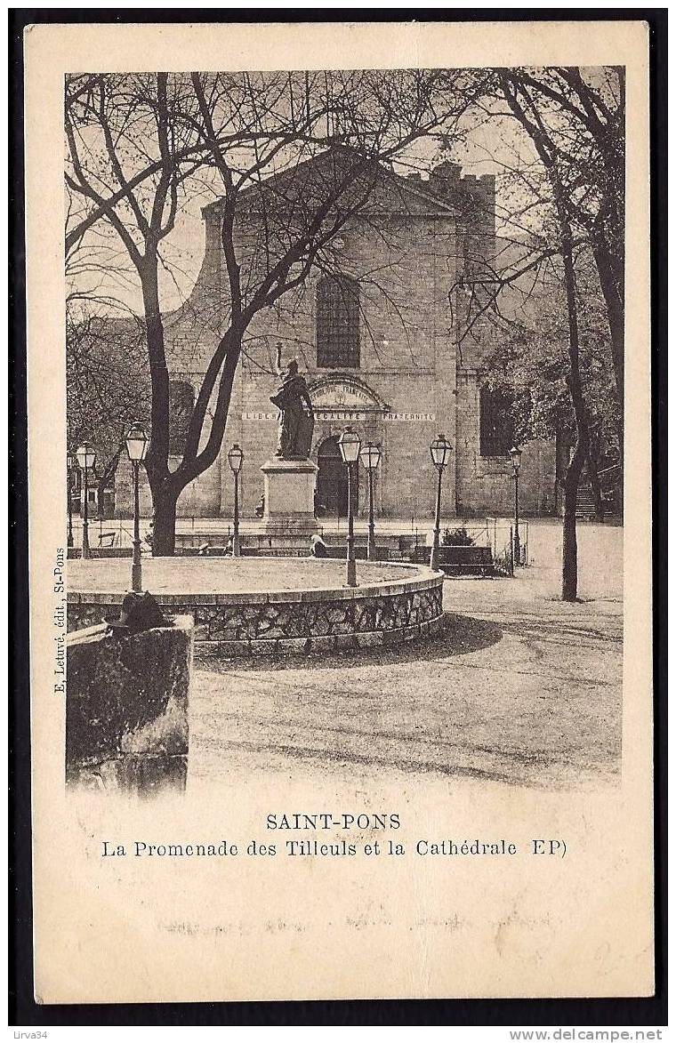 CPA  ANCIENNE- FRANCE- SAINT-PONS (34)- LA PROMENADE DES TILLEULS ET LA CATHEDRALE- STATUE DE LA LIBERTÉ- LAMPADAIRES- - Saint-Pons-de-Thomières