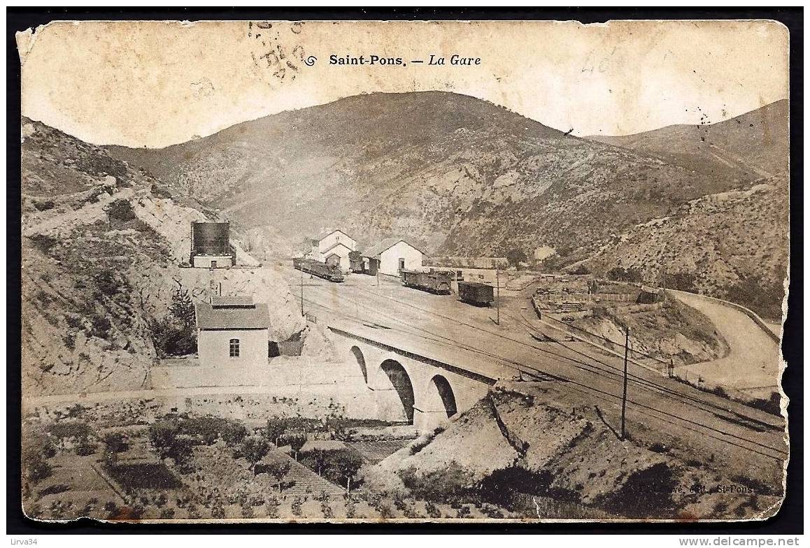 CPA  ANCIENNE- FRANCE- SAINT-PONS (34)- LA GARE EN GROS PLAN- TRAINS- CHATEAU-D'EAU- PONT- JARDINS - Saint-Pons-de-Thomières