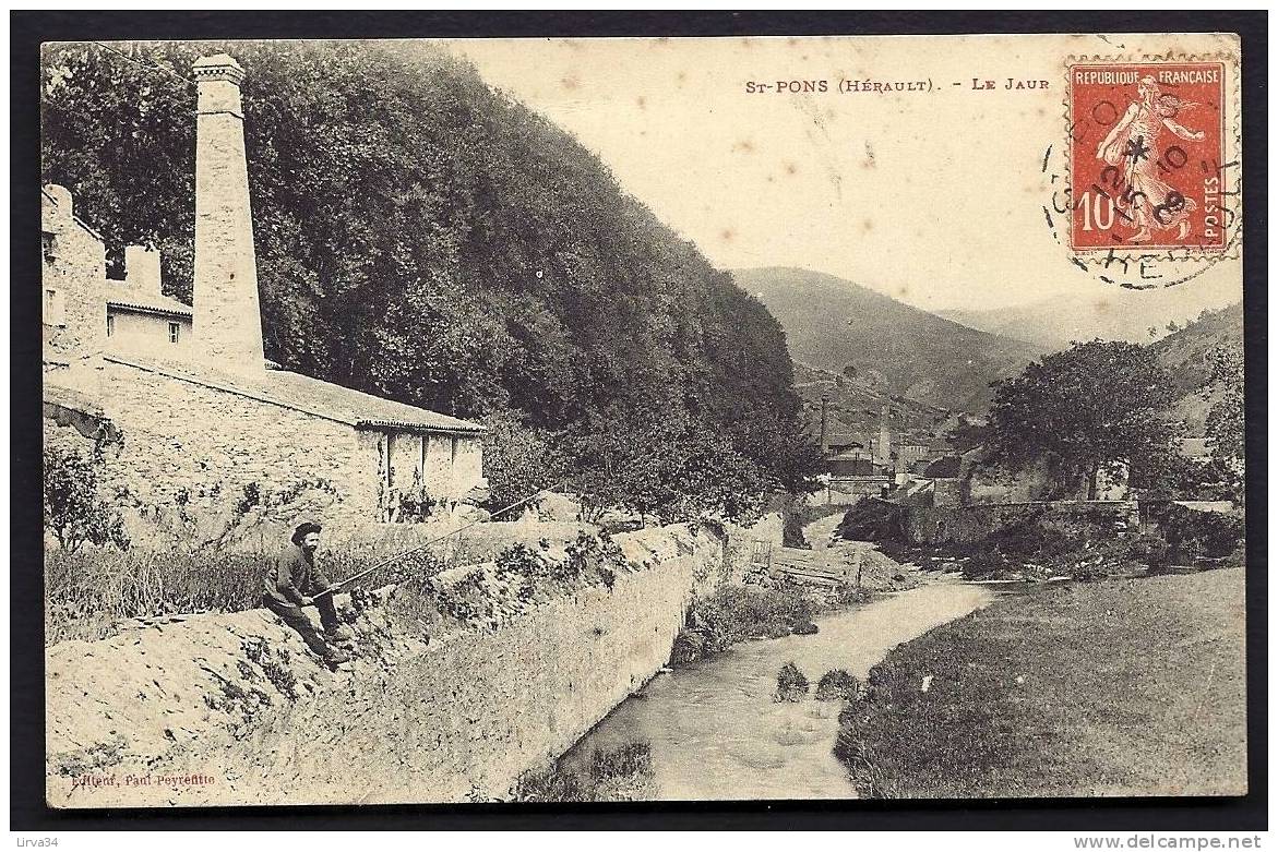 CPA  ANCIENNE- FRANCE- SAINT-PONS (34)- LE JAUR- PECHEUR A LA LIGNE EN GROS PLAN- USINES- - Saint-Pons-de-Thomières