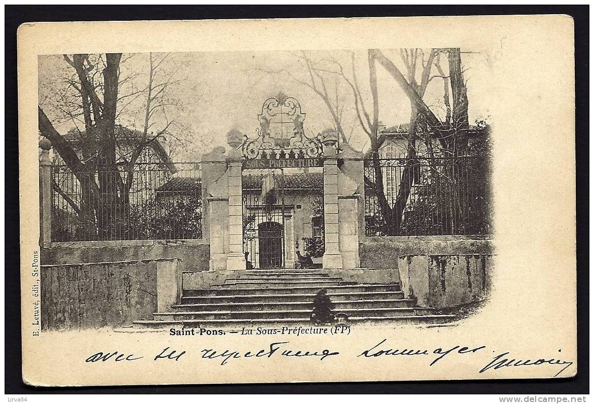 CPA  PRECURSEUR- FRANCE- SAINT-PONS (34)- ENTRÉE DE LA SOUS-PRÉFECTURE EN 1900- L'ESCALIER MONUMENTAL- ANIMATION - Saint-Pons-de-Thomières