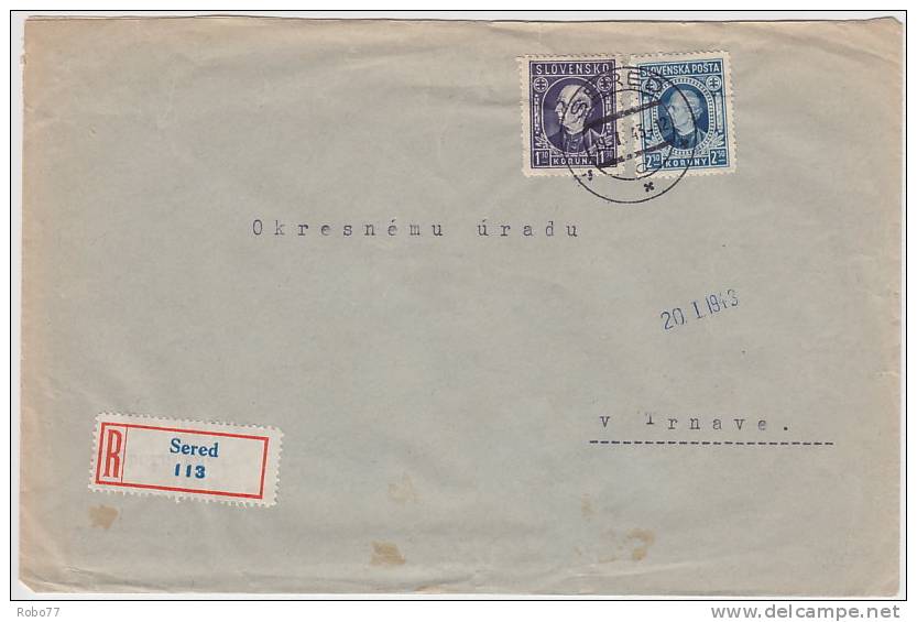 1943 SERED. Slovakia Registered Cover, Letter.  Sent To Okresny Urad Trnava. (C03193) - Briefe U. Dokumente