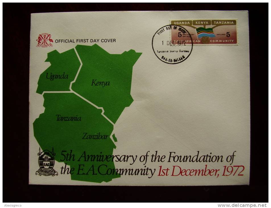 KUT 1972 5th.Anniv Of EAST AFRICAN COMMUNITY  5/- STAMP On FDC. - Kenya, Ouganda & Tanzanie