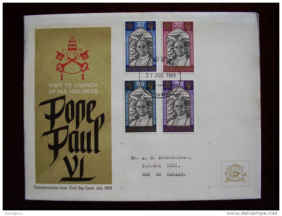 KUT 1969 VISIT Of POPE PAUL VI To UGANDA Issue 4 Values To 2/50  On FDC. - Kenya, Uganda & Tanzania