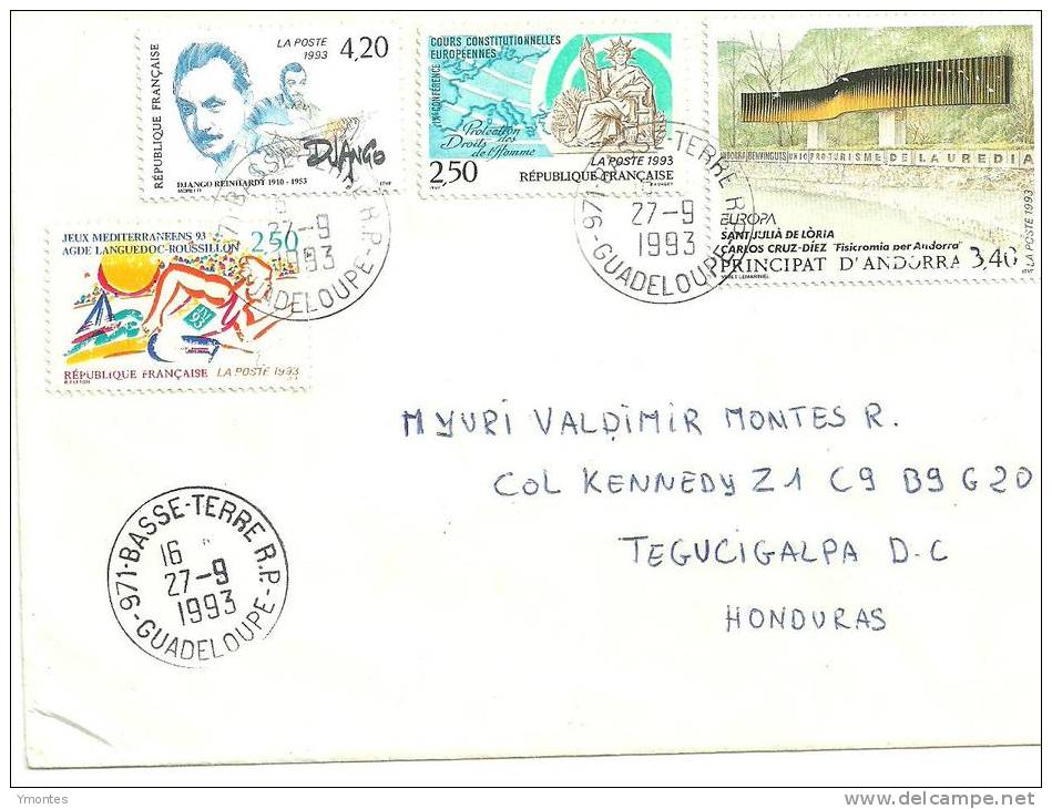 Cover Guadeloupe, BASSE TERRE To Honduras 1993 ( WITH FRENCH ANDORRAN STAMP? ) - Covers & Documents
