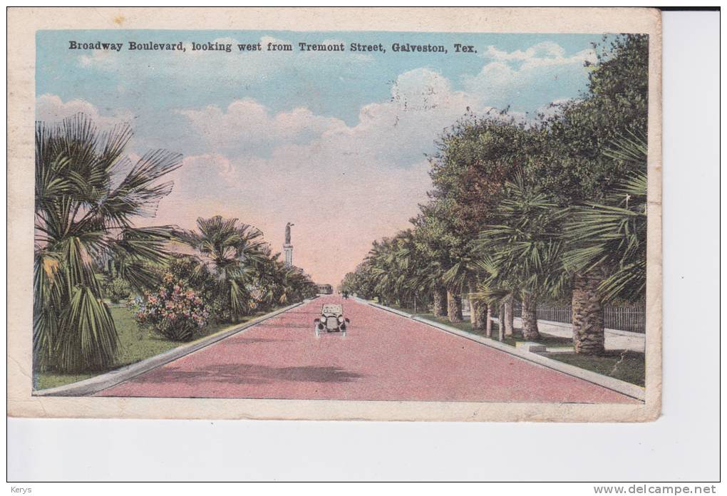 Vintage Pc Broadway Boulevard, Looking West From Tremont Street - Galveston