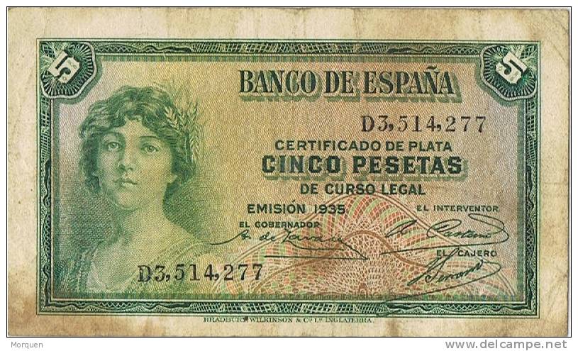 Billete España 5 Pesetas 1935. Republica - 5 Pesetas