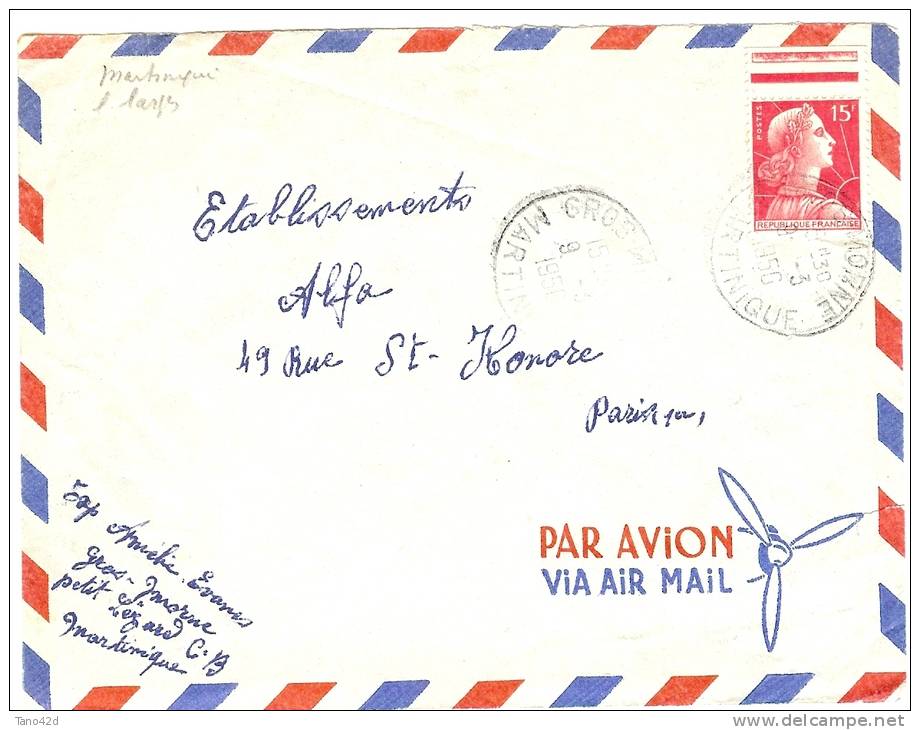 REF LBON6 - MARTINIQUE - MULLER 15f SUR LETTRE AVION ROS MORNE / PARIS 9/3/1956 - Covers & Documents