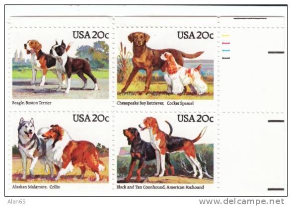 #2098-2101 Plate Number Block Of 4 Mint 20-cent Stamps, American Dog Breed Stamps - Unused Stamps