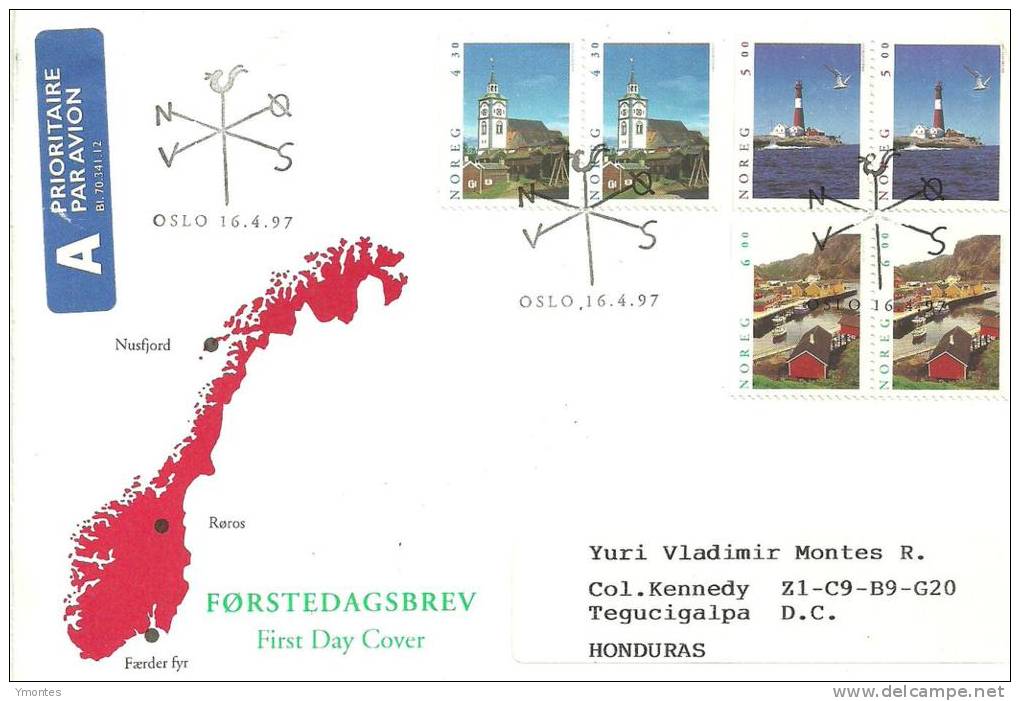 FDC Norway To Honduras 1997 ( Lighthouses Stamps ) - Brieven En Documenten