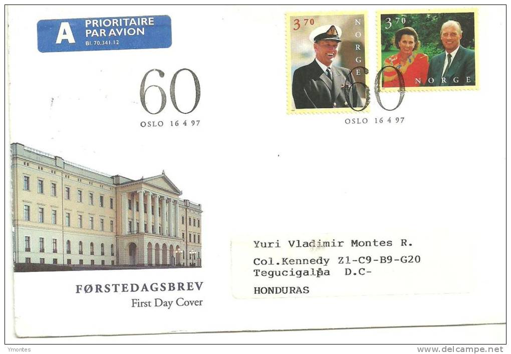 FDC Norway To Honduras 1997 ( Kings Of Norway Stamps ) - Covers & Documents