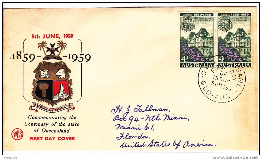 1959   Queensland Centenary  On Wesley Addressed Cover - FDC