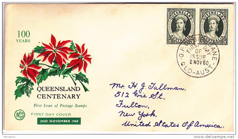 1960  Queensland Centenary Pair On Wesleyl  Addressed Cover - FDC