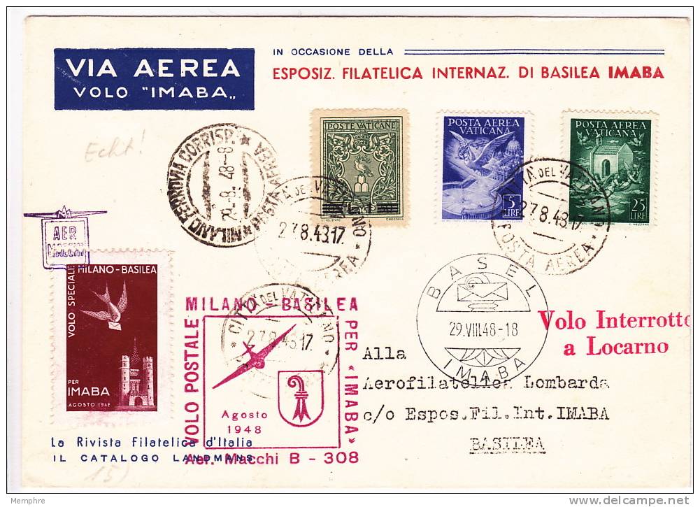 1948  Lettre Du Vatican Pour IMABA Par Le Vol Spécial Interrompu à Locarno  Etiquette Du Vol Milan-Bäle - Storia Postale