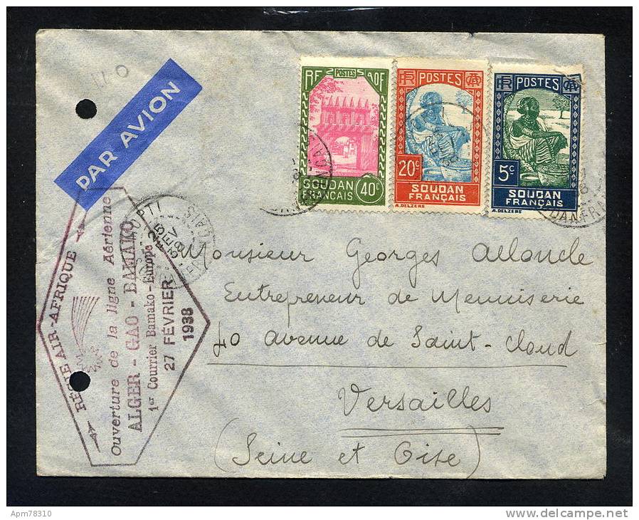 SOUDAN  Lettre 1938 Ouverture Ligne Alger-Gao-Bamako Cahet Départ Mopti - Otros & Sin Clasificación