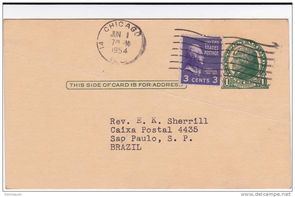 USA - 1954 - CARTE POSTALE Avec REPIQUAGE PRIVE De CHICAGO Pour SAO PAULO (BRESIL) - 1941-60