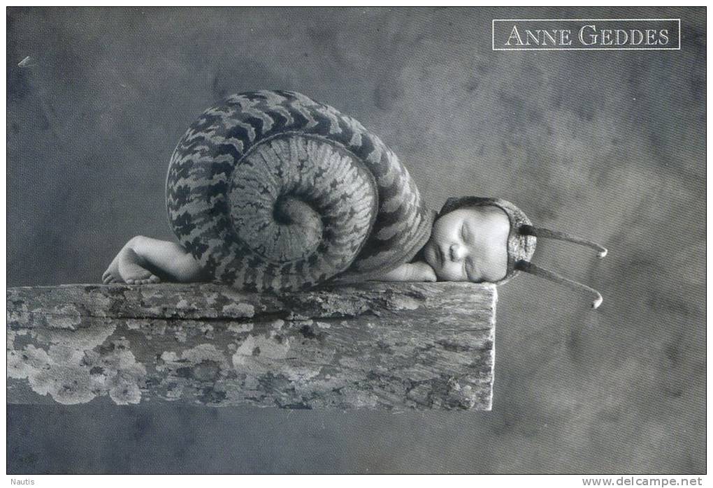 Original Anne Geddes Postcard, Postkarte, Carte Postale, New, Sleeping Baby, Little Child, Snail, Black And White - Other & Unclassified