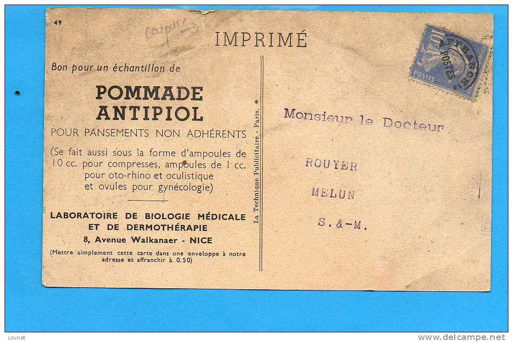 Publicité - Santé -  Pommade Antipiol Laboratoires De Biologie Médicale 8, Avenue Walkanaer -NICE (état) - Salud, Hospitales