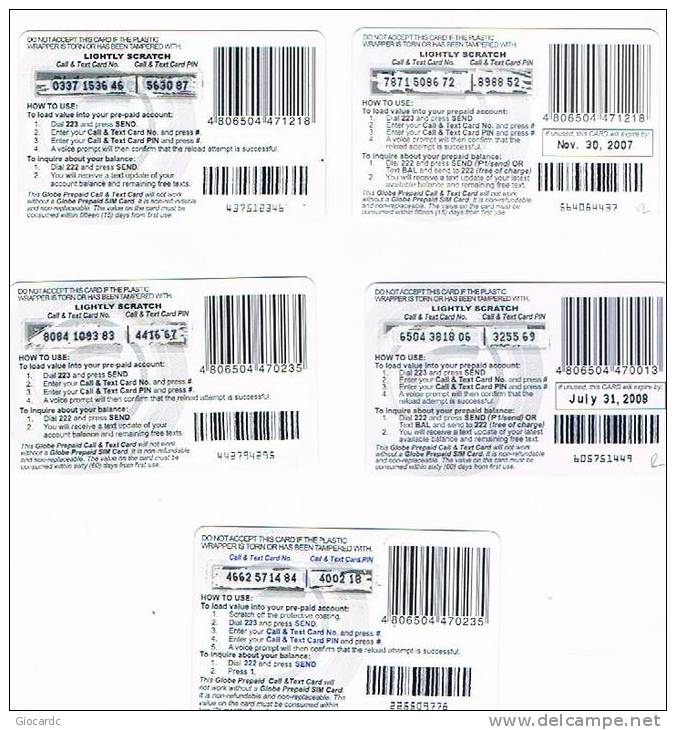 FILIPPINE (PHILIPINNES) - GLOBE  (RECHARGE) - CALL & TEXT CARD: LOT OF 5 DIFFERENT     - USED  -  RIF. 1621 - Philippines