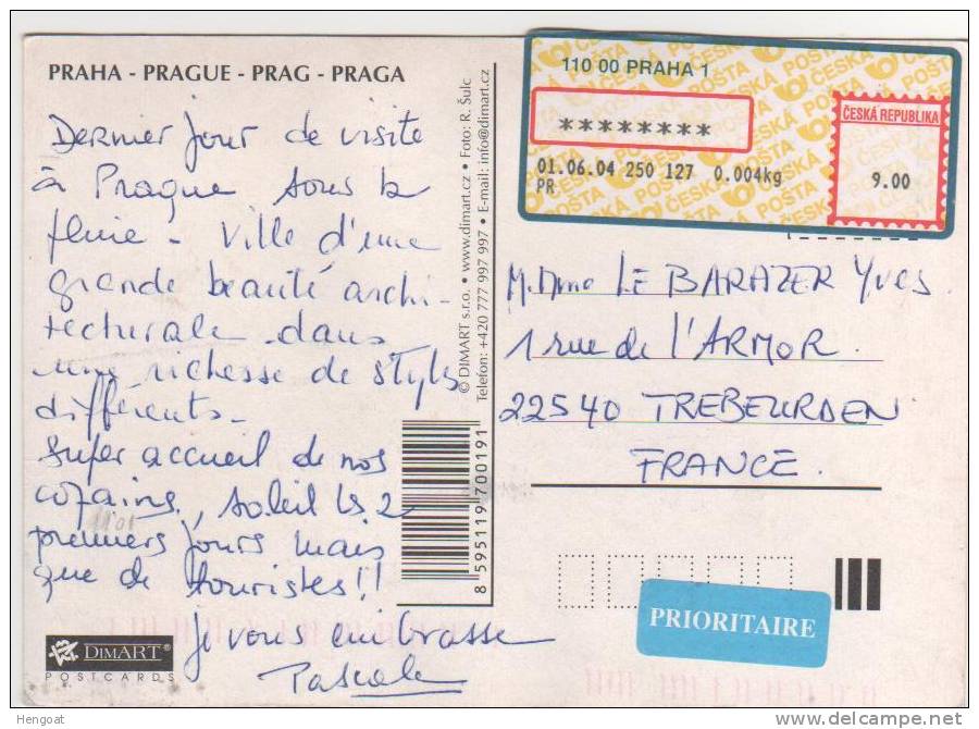 Carte Du 01/06/04 Avec étiquette D´affranchissement De Prague Pour La France - Lettres & Documents