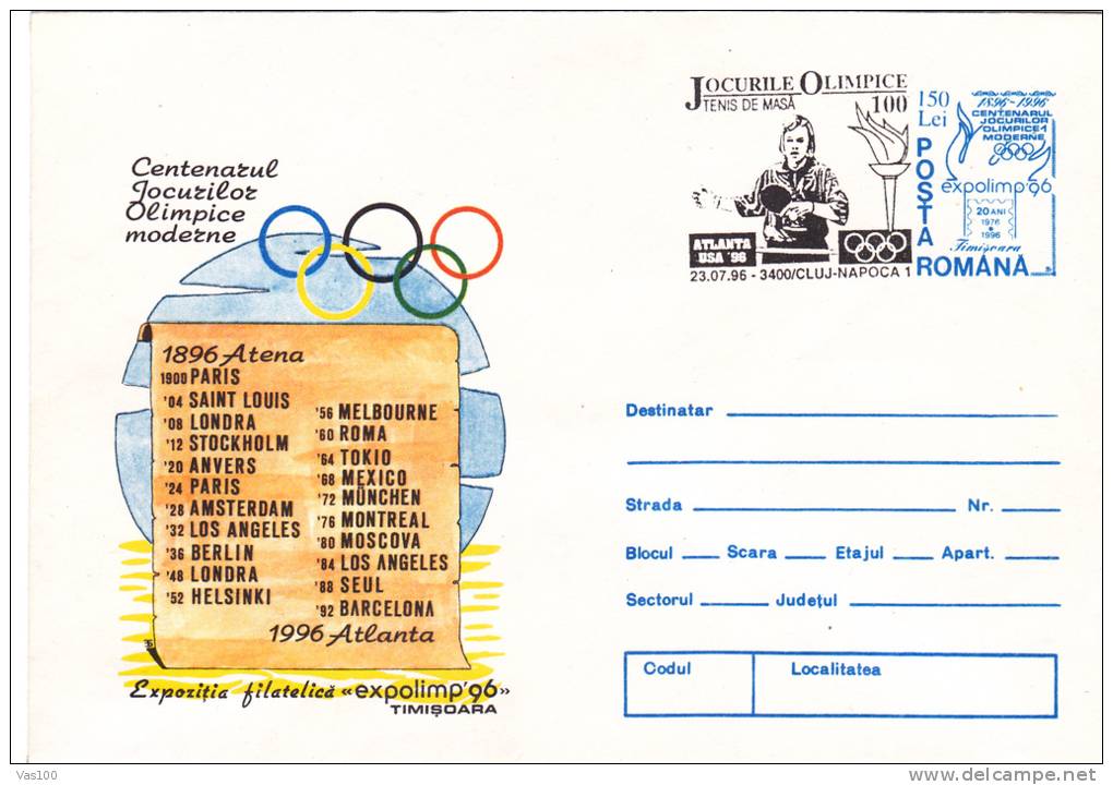 OLYMPIC GAMES ATLANTA 1996 STATIONERY Cover With TABLE TENNIS JEUX OLYMPIQUES ATLNTA. - Table Tennis