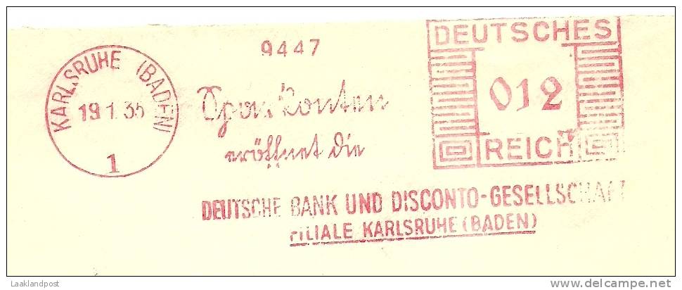 Germany Cover With Meter Deutsche Bank Und Disconto-Gesellschaft Filiale Karlsruhe 19-1-1935 Freistempel - Frankeermachines (EMA)