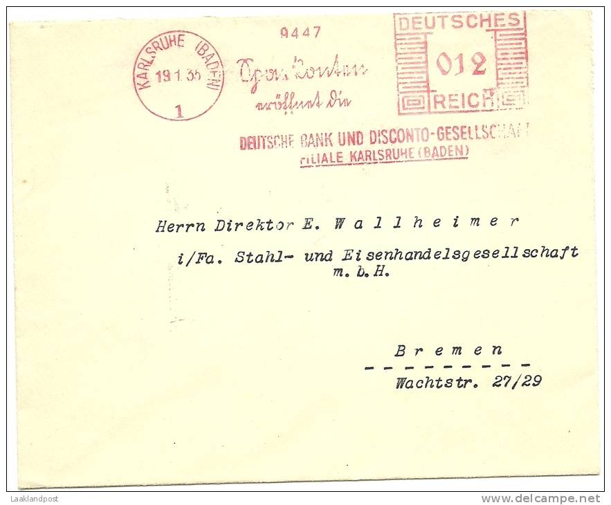 Germany Cover With Meter Deutsche Bank Und Disconto-Gesellschaft Filiale Karlsruhe 19-1-1935 Freistempel - Frankeermachines (EMA)