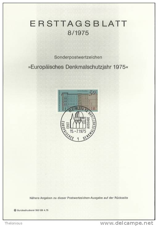 # 1975 Berlino - ETB N. 8 (ERSTTAGSBLATT) - 1e Jour – FDC (feuillets)