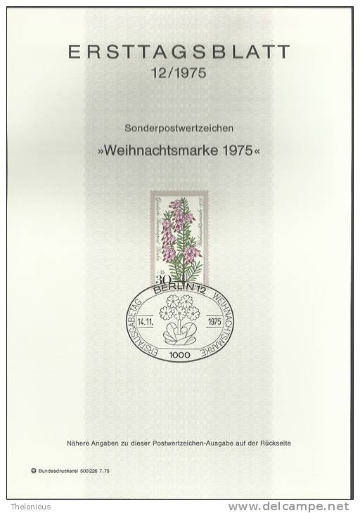 # 1975 Berlino - ETB N. 12 (ERSTTAGSBLATT) - 1. Tag - FDC (Ersttagblätter)