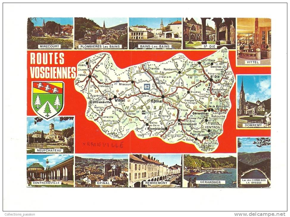 Cp, Carte Géographique, A Travers Les Vosges, Voyagée 1989 - Carte Geografiche