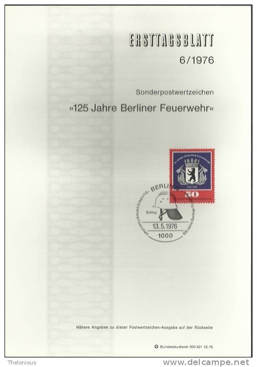 # 1976 Berlino - ETB N. 6 (ERSTTAGSBLATT) - 1e Dag FDC (vellen)