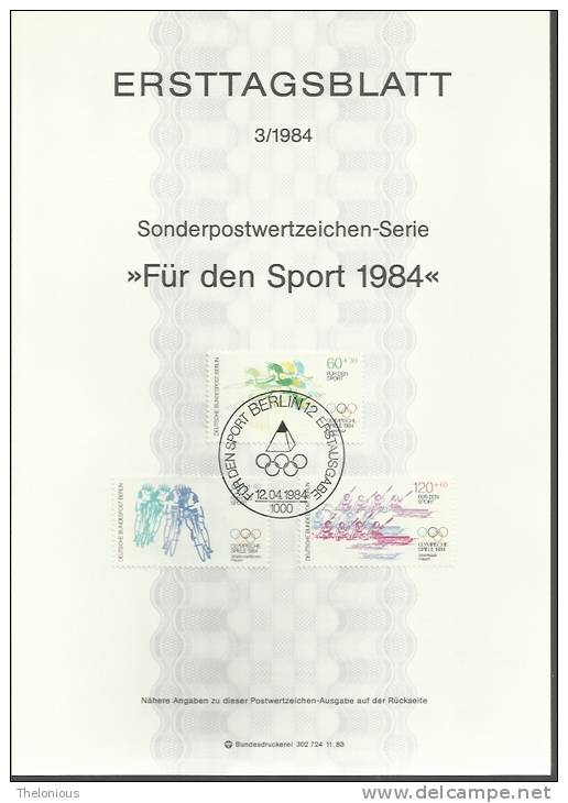 # 1984 Berlino - ETB N. 3 (ERSTTAGSBLATT) - 1e Dag FDC (vellen)