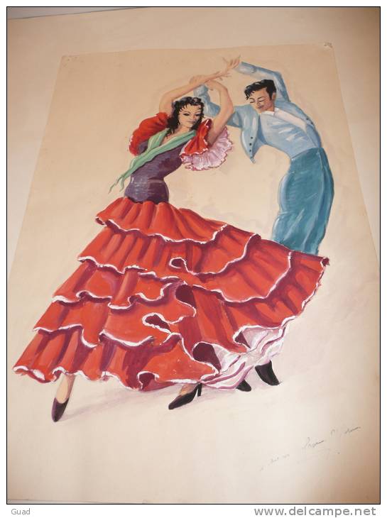 DANSEURS DE FLAMENCO - GOUACHE DE 1950  Taille 42cmx32cm - Waterverf