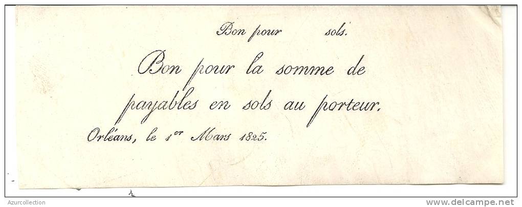 RARE .BON  PAYABLE EN SOL . ORLEANS 1825 . PARCHEMIN - Bons & Nécessité