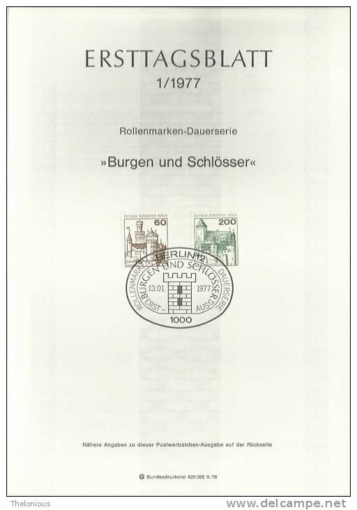 # 1977 Berlino - ETB N. 1 (ERSTTAGSBLATT) - 1e Jour – FDC (feuillets)