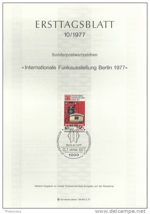 # 1977 Berlino - ETB N. 10 (ERSTTAGSBLATT) - 1e Dag FDC (vellen)