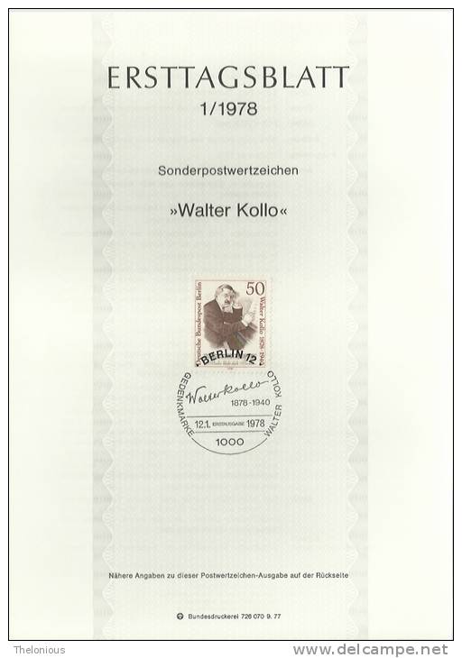 # 1978 Berlino - ETB N. 1 (ERSTTAGSBLATT) - 1e Jour – FDC (feuillets)