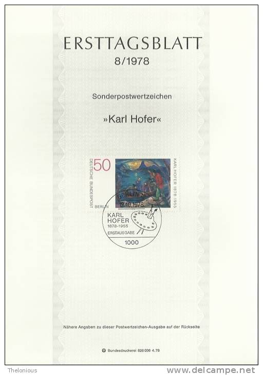 # 1978 Berlino - ETB N. 8 (ERSTTAGSBLATT) - 1e Jour – FDC (feuillets)