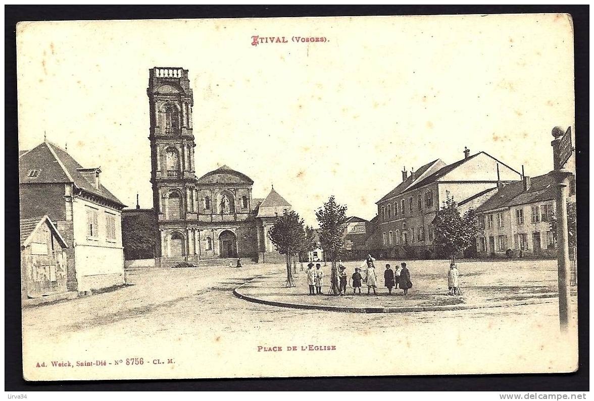 CPA  ANCIENNE- FRANCE- ÉTIVAL (88)- PLACE DE L'EGLISE AVEC BELLE ANIMATION D'ENFANTS- ARBRES PETITS- - Etival Clairefontaine