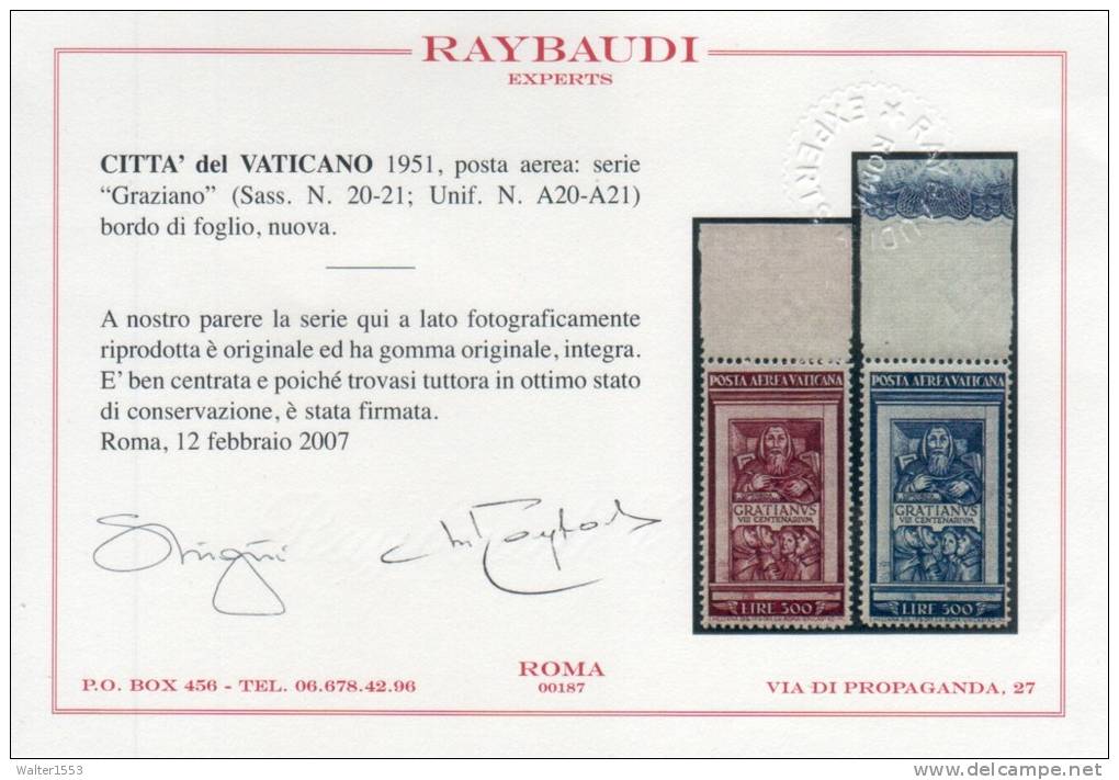 Vaticano Vatikan 1951 Posta Aerea Graziano Cert. Raybaudi EXPERTISE MNH ** LUSSO - Luftpost