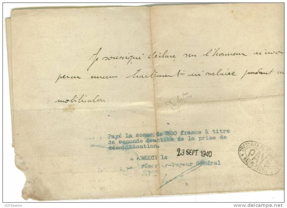 Fiche Du Centre De Démobilisation Du Canton D'Annecy Nord  D'un Négociant De Cazères Sur Garonne Du 23 Sep 1940 - Documents