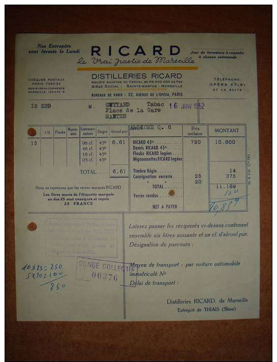 Facturette 16/01/1952 " Pastis RICARD Marseille " - Alimentare