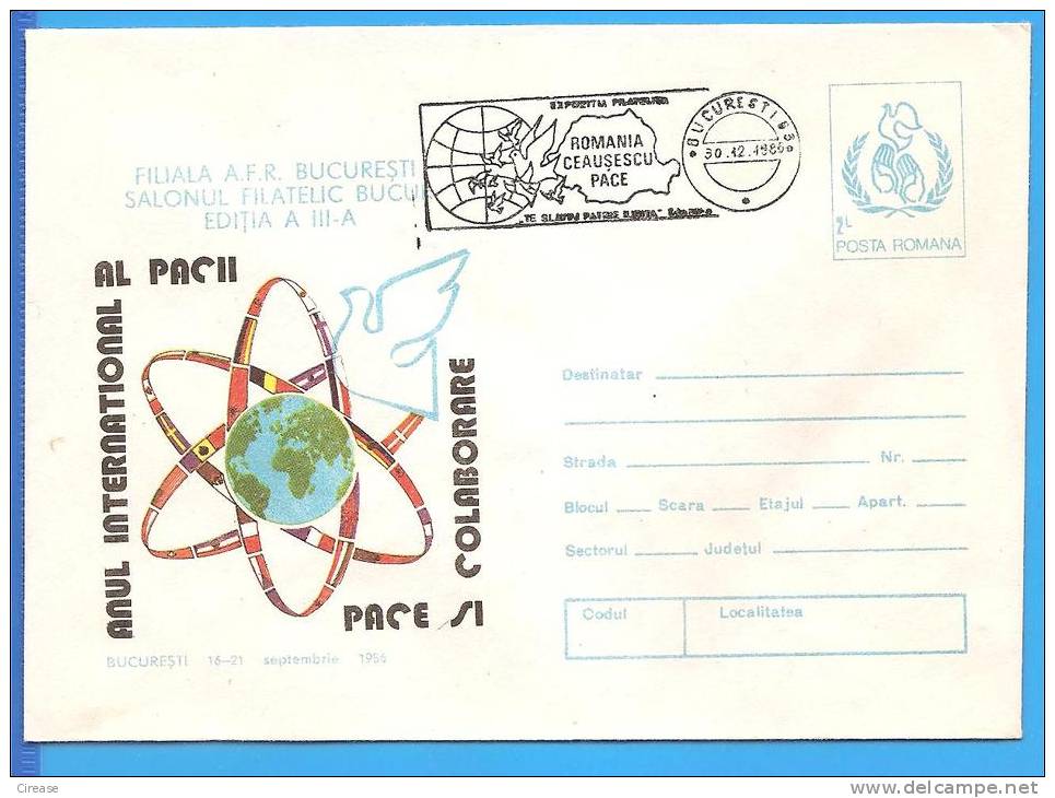 International Year Of Peace, Dove Of Peace Symbol ROMANIA Postal Stationery Cover 1986 - Pigeons & Columbiformes