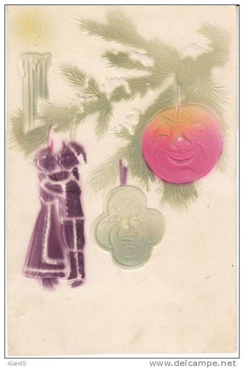 Christmas Greetings, Fruit Decorations Couple Romance Kiss, C1900s/10s Vintage Airbrush Embossed Postcard - Other & Unclassified