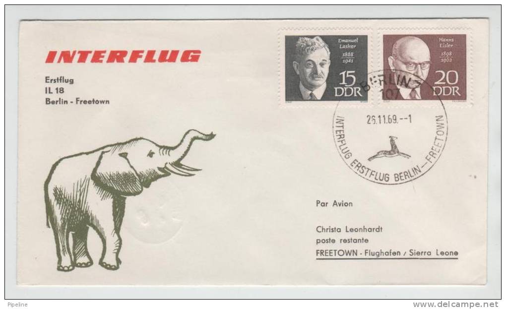 Germany First Interflug Flight Cover Berlin - Freetown Sierra Leone 26-11-1969 With Elephant Cachet - Cartas & Documentos