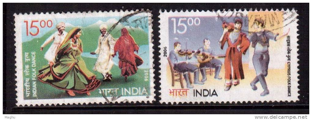 India Used 2006, Set Of 2, Joint Issue, Cyprus, Culture, Music Intruments, Folk Dance, Costume - Oblitérés