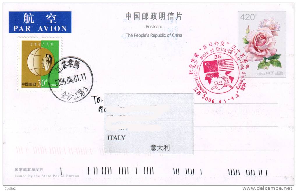 Table Tennis China Special Cancel On Card 2006 - Tischtennis