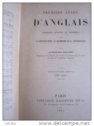 A. Beljame : Premiere Annee D'anglais, Hachette, 1904 - Sonstige & Ohne Zuordnung