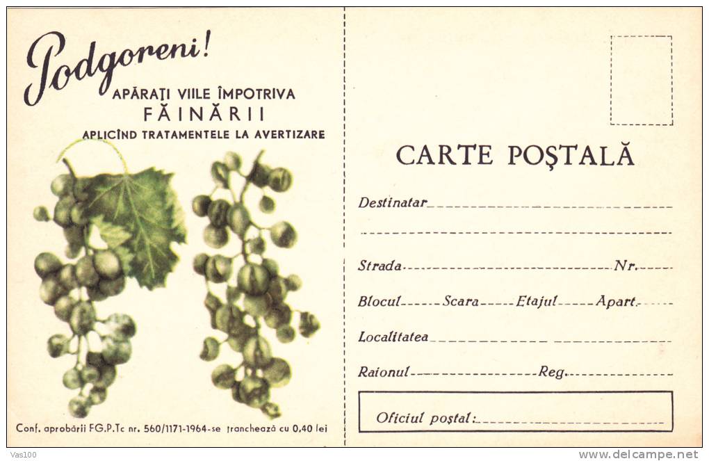 Romania 1964 Grapes,Vineyard Manna,rare Stationery Unused. - Vinos Y Alcoholes