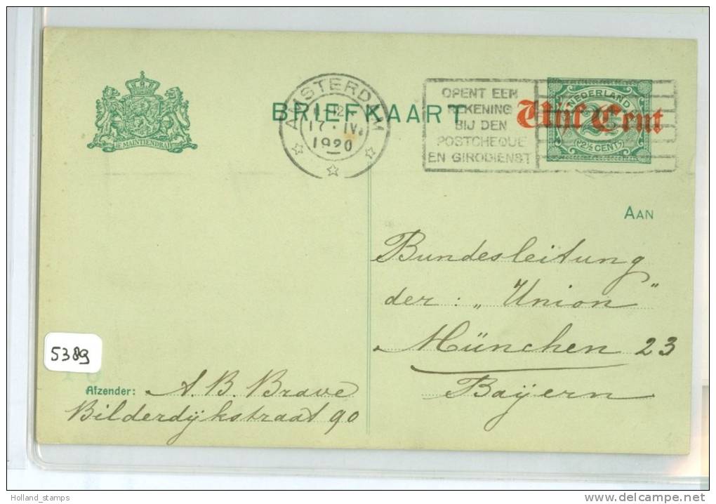 HANDGESCHREVEN BRIEFKAART Uit 1920 5 CT OP 2 1/2 CT VOORDRUK Van AMSTERDAM Naar MUNCHEN DUITSLAND  (5389) - Postal Stationery